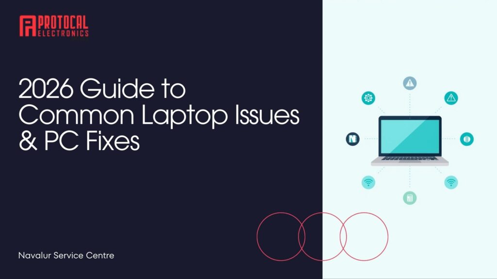 2026 guide banner showing common laptop issues and PC troubleshooting tips from Navalur Laptop Service Centre
